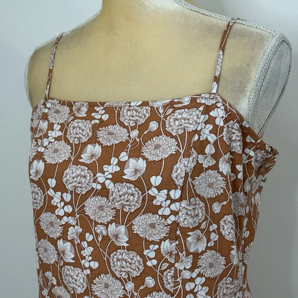 Saks Fifth Avenue Floral Ruffle Linen Blend Midi Dress Size L Brown White - Picture 6 of 12